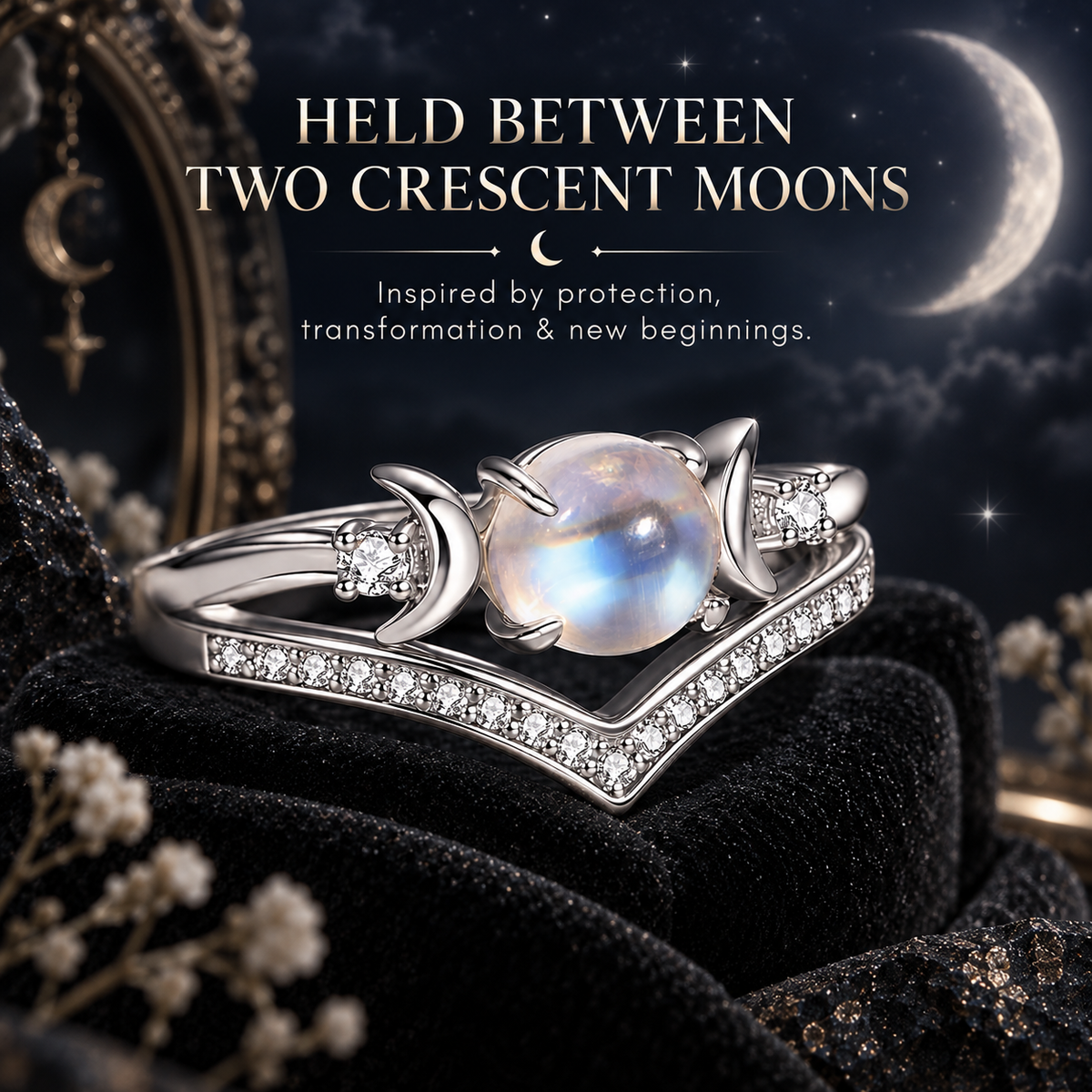 Triple Moon Moonstone-Inspired Ring Set – Silver-Tone Witchy Celestial Stackable Rings for Women