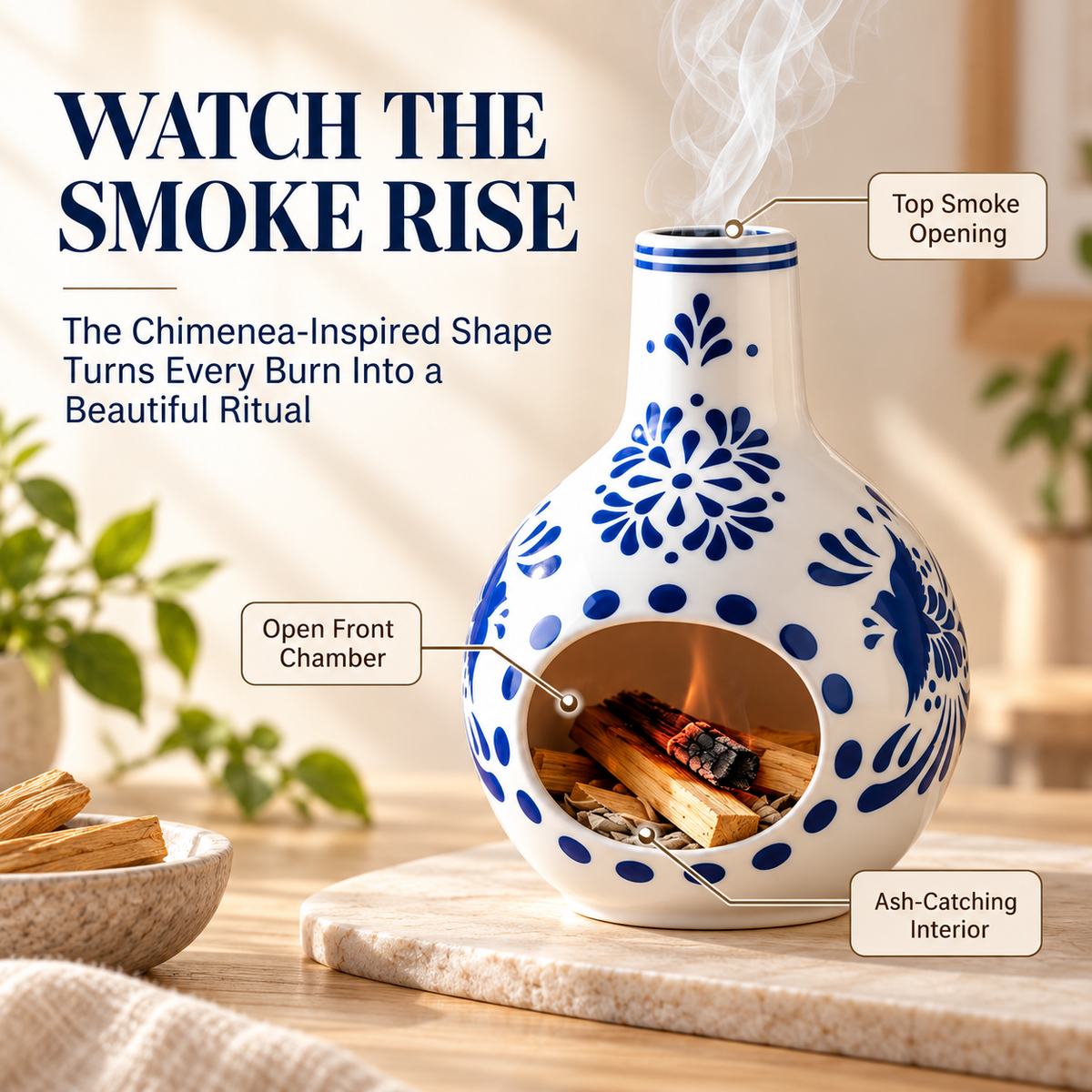 Ceramic Palo Santo Burner – Mini Chimenea Incense Holder & Ash Catcher