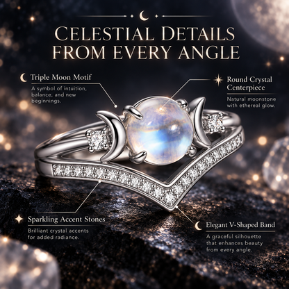 Triple Moon Moonstone-Inspired Ring Set – Silver-Tone Witchy Celestial Stackable Rings for Women