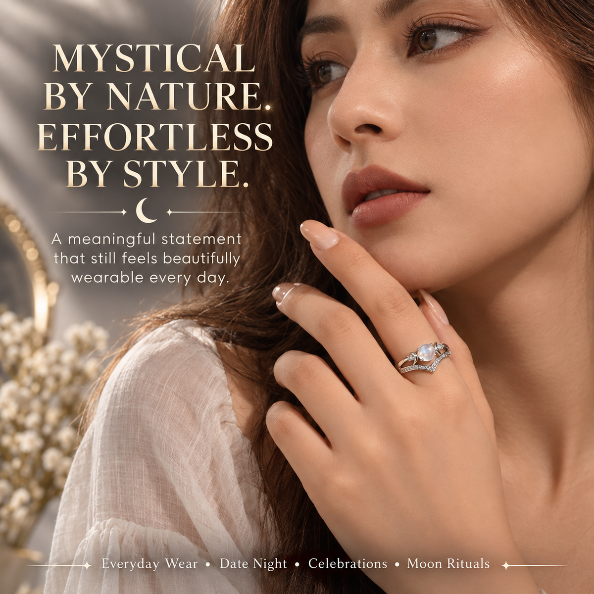 Triple Moon Moonstone-Inspired Ring Set – Silver-Tone Witchy Celestial Stackable Rings for Women