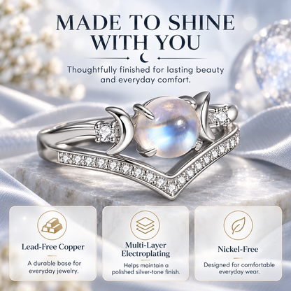 Triple Moon Moonstone-Inspired Ring Set – Silver-Tone Witchy Celestial Stackable Rings for Women