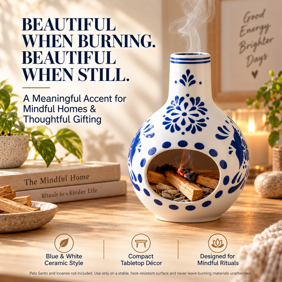 Ceramic Palo Santo Burner – Mini Chimenea Incense Holder & Ash Catcher