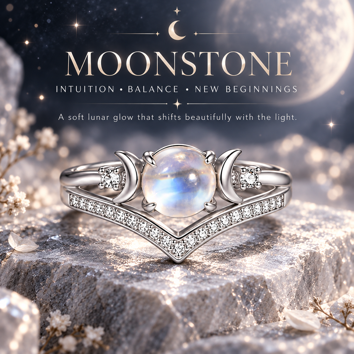Triple Moon Moonstone-Inspired Ring Set – Silver-Tone Witchy Celestial Stackable Rings for Women