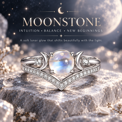 Triple Moon Moonstone-Inspired Ring Set – Silver-Tone Witchy Celestial Stackable Rings for Women