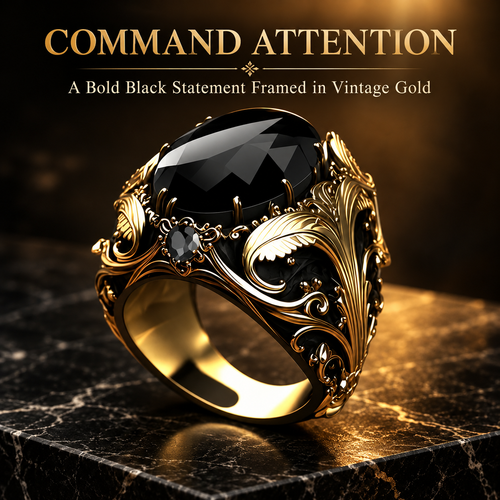 Vintage Gothic Black Gemstone Men's Ring – Ornate Gold Filigree Statement Jewelry