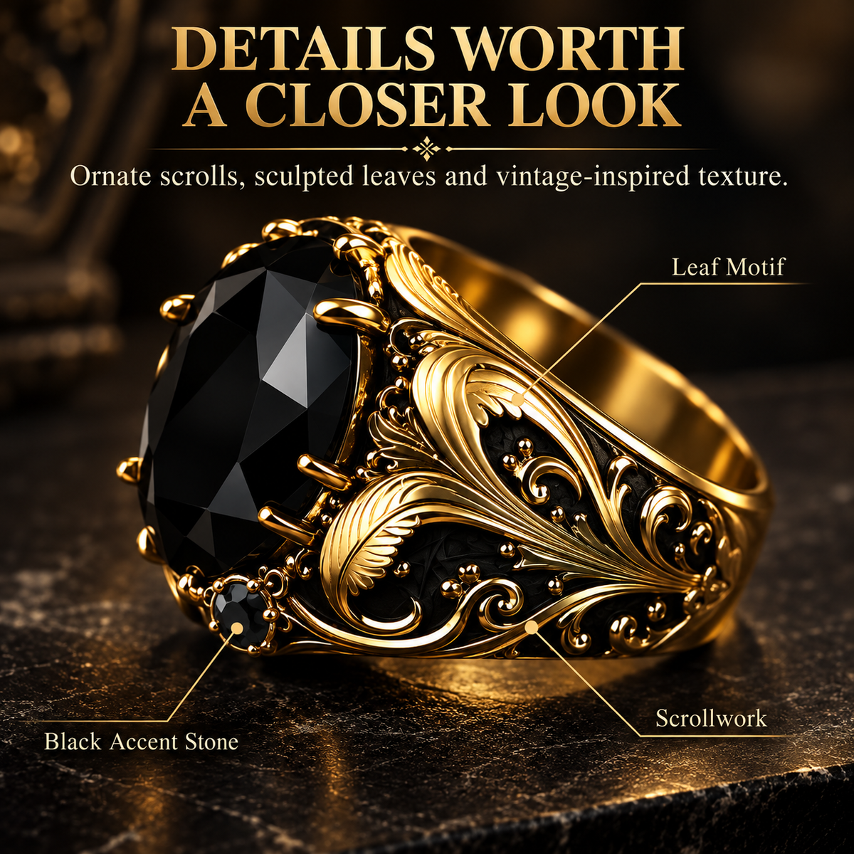 Vintage Gothic Black Gemstone Men's Ring – Ornate Gold Filigree Statement Jewelry