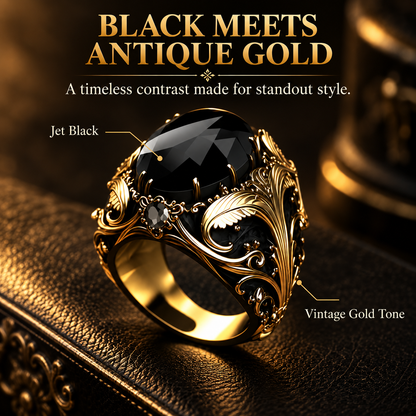 Vintage Gothic Black Gemstone Men's Ring – Ornate Gold Filigree Statement Jewelry