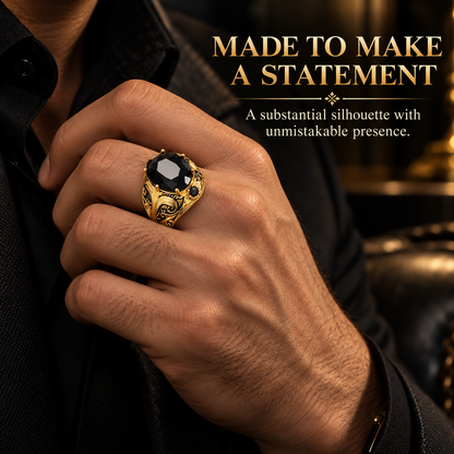 Vintage Gothic Black Gemstone Men's Ring – Ornate Gold Filigree Statement Jewelry