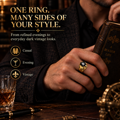 Vintage Gothic Black Gemstone Men's Ring – Ornate Gold Filigree Statement Jewelry