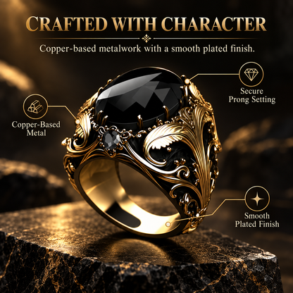 Vintage Gothic Black Gemstone Men's Ring – Ornate Gold Filigree Statement Jewelry