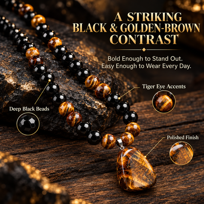 Tiger Eye & Black Bead Pendant Necklace