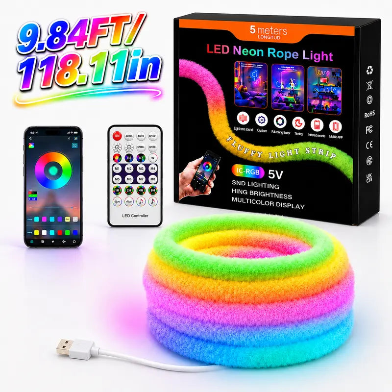 🎅Plush RGB Neon Rope Light🎄360° Full Glow, Music Sync, Perfect Christmas Tree & Bedroom Holiday Decor🎁