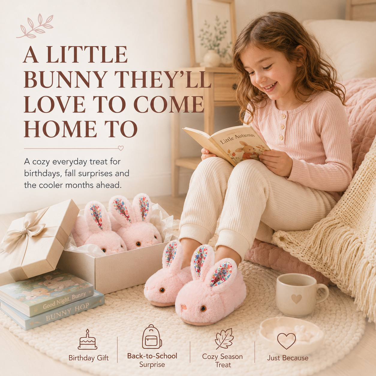 ✨ Cozy Bunny House Slippers for Kids – Plush 3D Ears, Floral Details & Textured Indoor Sole 🐰💗