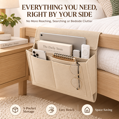 Bedside Storage Caddy with 5 Pockets – Felt Bed Organizer with Anti-Slip Velcro for Phone, Tablet, Books & Remotes