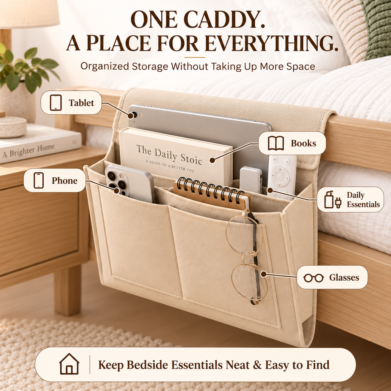 Bedside Storage Caddy with 5 Pockets – Felt Bed Organizer with Anti-Slip Velcro for Phone, Tablet, Books & Remotes