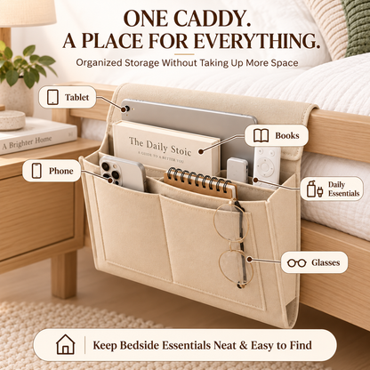 Bedside Storage Caddy with 5 Pockets – Felt Bed Organizer with Anti-Slip Velcro for Phone, Tablet, Books & Remotes