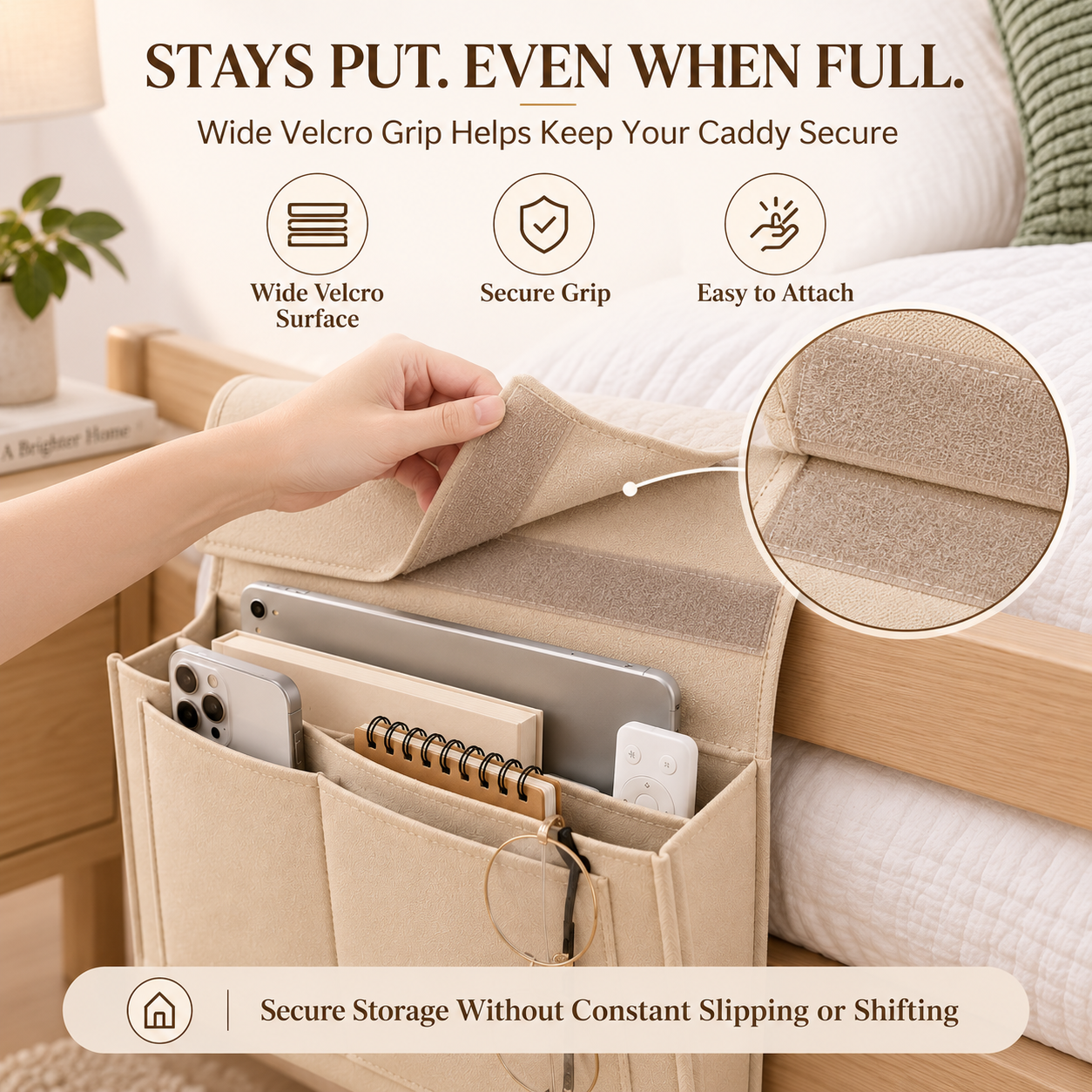 Bedside Storage Caddy with 5 Pockets – Felt Bed Organizer with Anti-Slip Velcro for Phone, Tablet, Books & Remotes