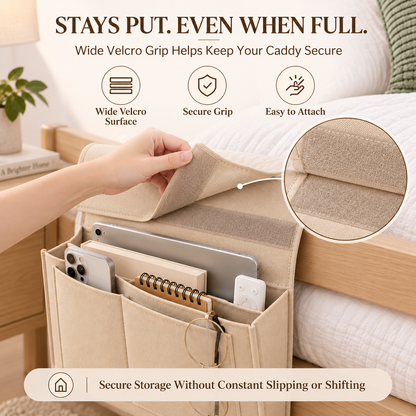 Bedside Storage Caddy with 5 Pockets – Felt Bed Organizer with Anti-Slip Velcro for Phone, Tablet, Books & Remotes