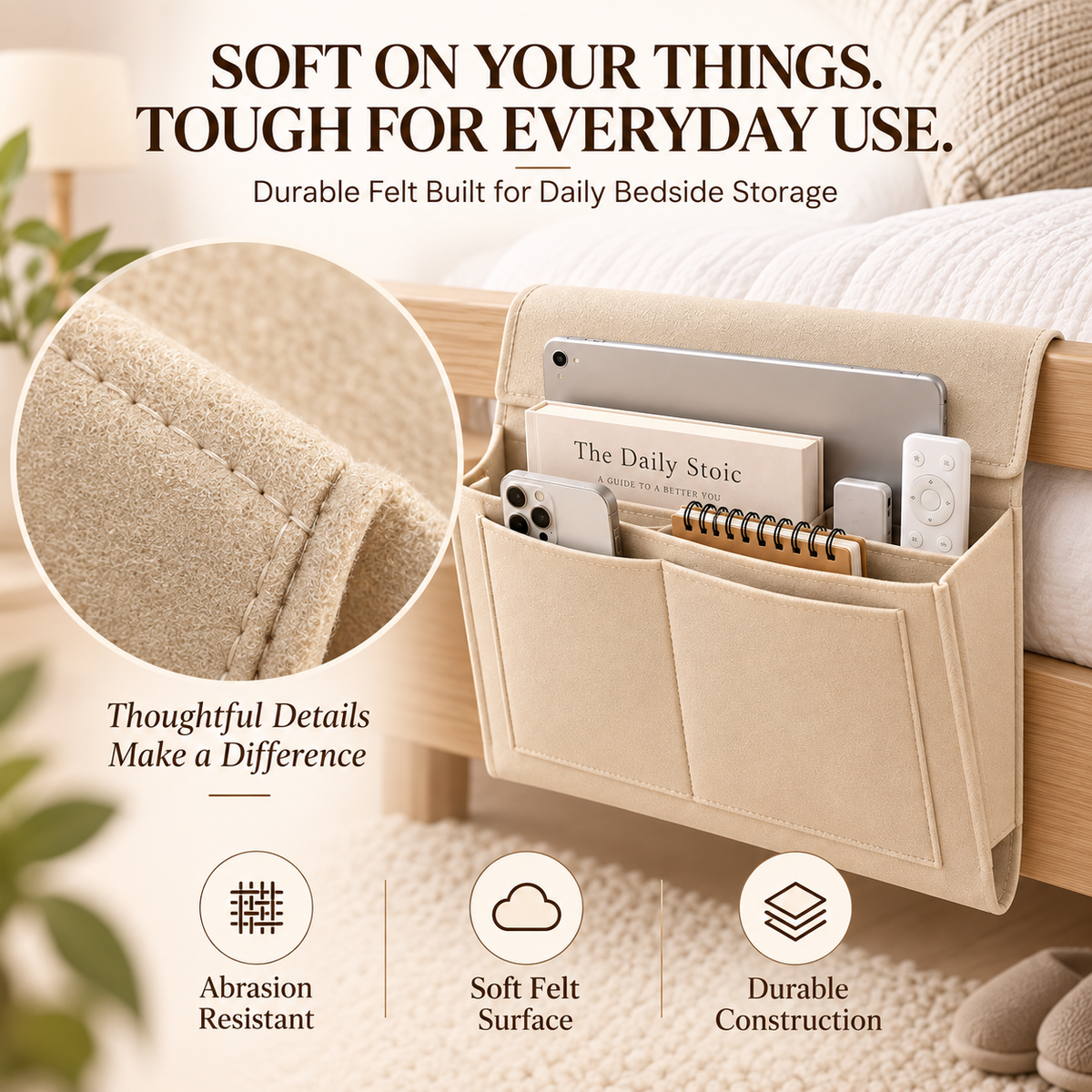 Bedside Storage Caddy with 5 Pockets – Felt Bed Organizer with Anti-Slip Velcro for Phone, Tablet, Books & Remotes