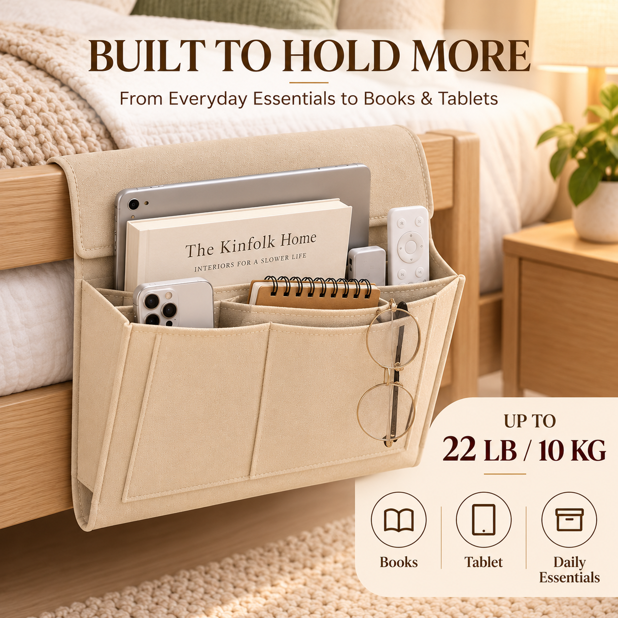 Bedside Storage Caddy with 5 Pockets – Felt Bed Organizer with Anti-Slip Velcro for Phone, Tablet, Books & Remotes