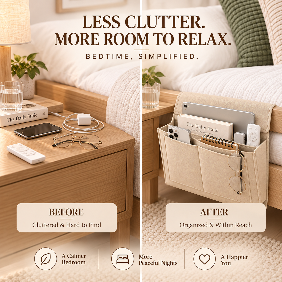 Bedside Storage Caddy with 5 Pockets – Felt Bed Organizer with Anti-Slip Velcro for Phone, Tablet, Books & Remotes