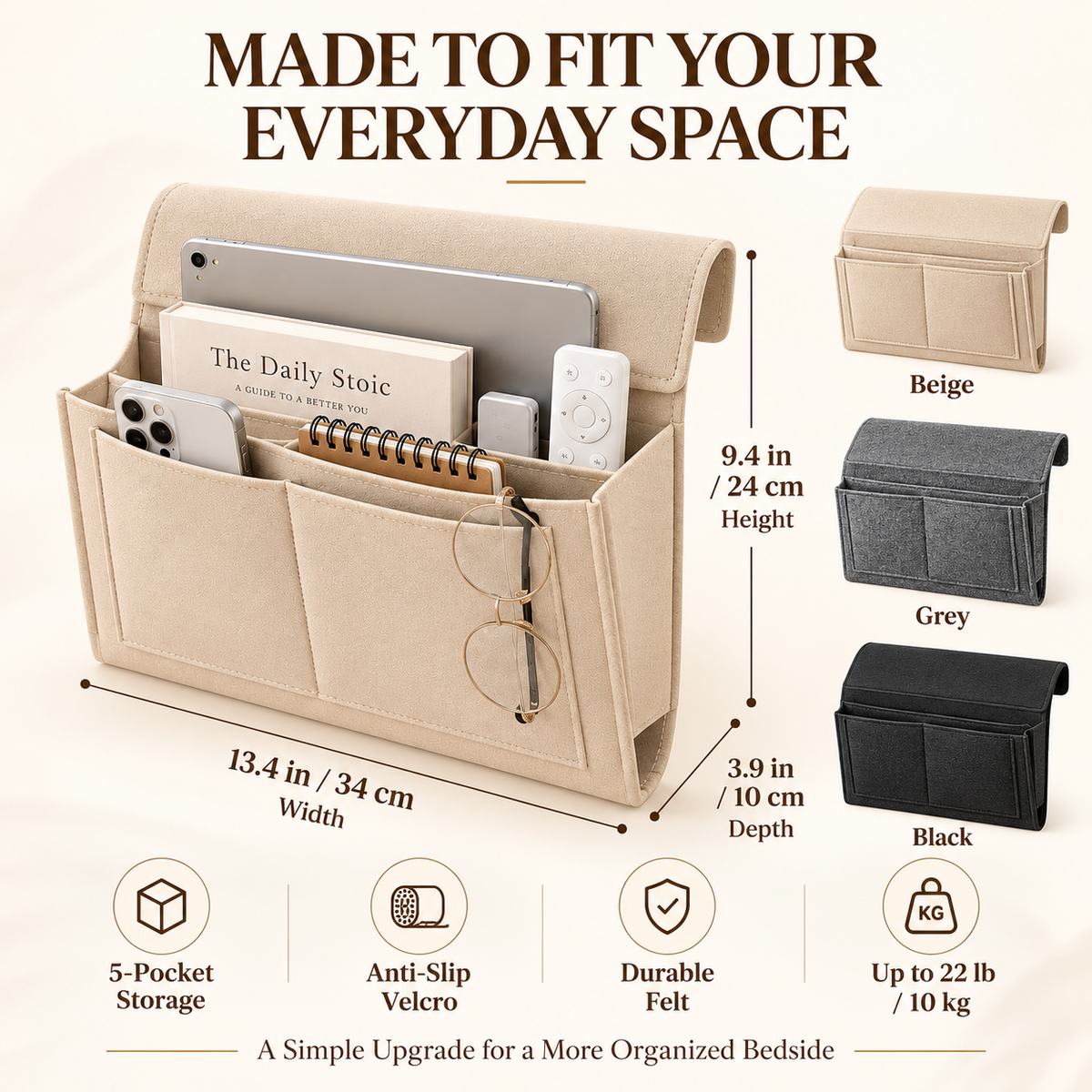 Bedside Storage Caddy with 5 Pockets – Felt Bed Organizer with Anti-Slip Velcro for Phone, Tablet, Books & Remotes