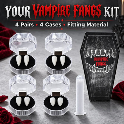 🦇 Your Vampire Look: 4-Size Ivory Fangs Kit & Coffin Box