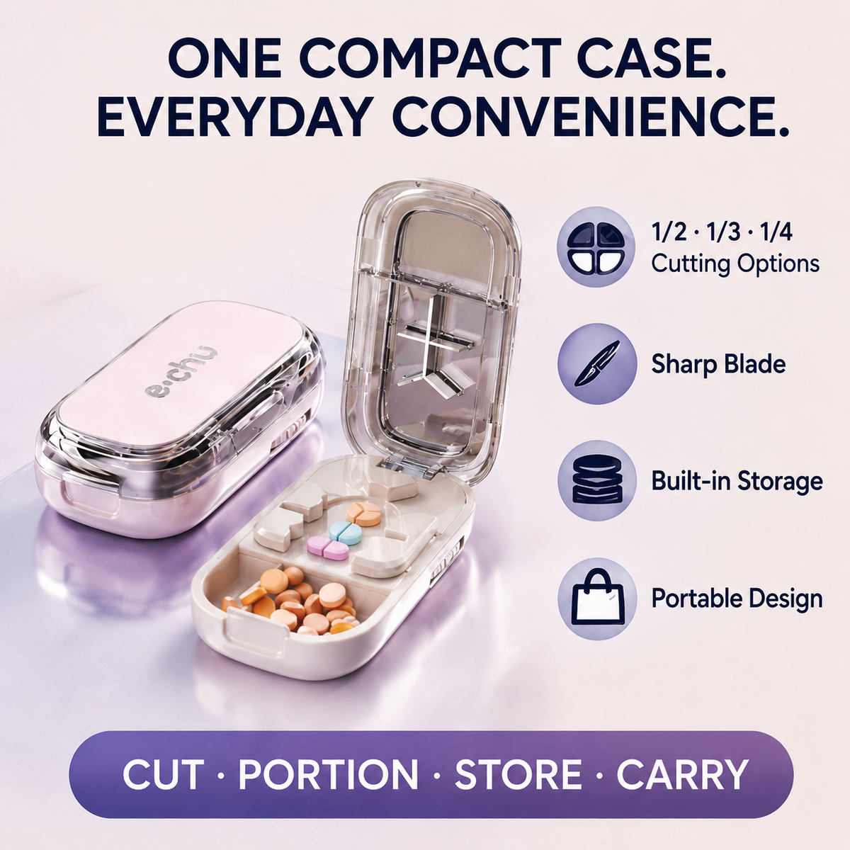 💊Portable Pill Cutter/Splitter & Storage Case (Cuts into 1/2, 1/3, or 1/4 portions)