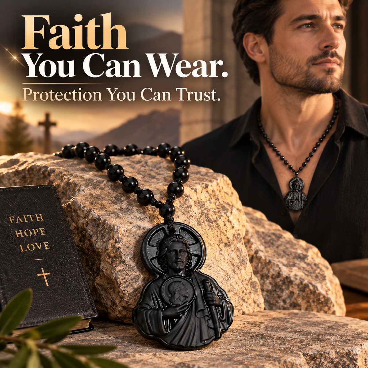 Divine Grace Carved Obsidian Jesus & Black Beads Necklace 🙏