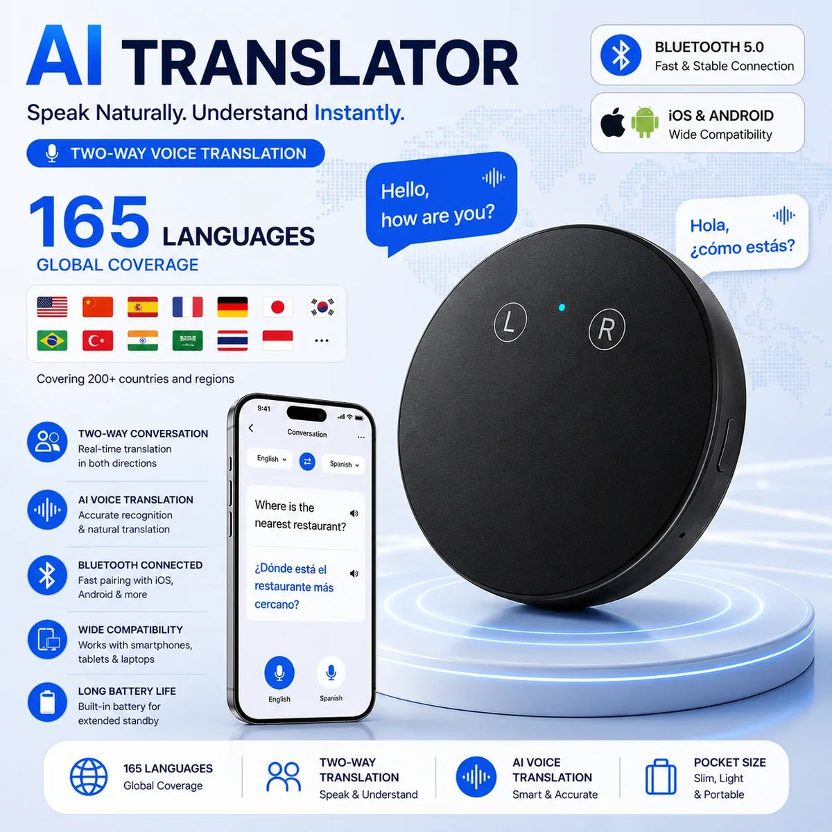 🔥LAST DAY 49% OFF🔥AI Language Translator Device – Real-Time Two-Way Voice Translator with Multi-Language Support