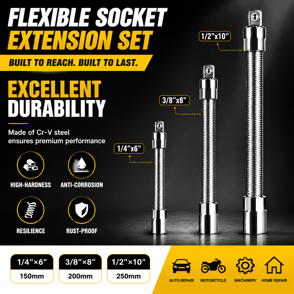 Flexible socket extension 1/4 3/8 and 1/2 inch sizes