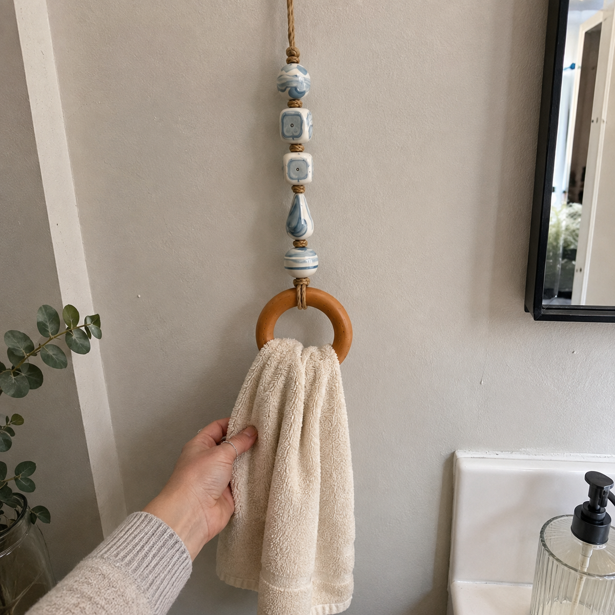 Coastal Blue Beaded Towel Hanger with Wooden Ring