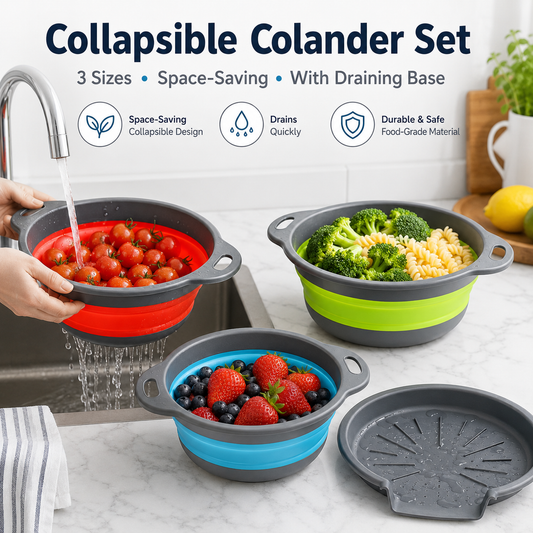 🥗 3-Piece Collapsible Colander Set – Fold Flat, Save Space, Drain Better