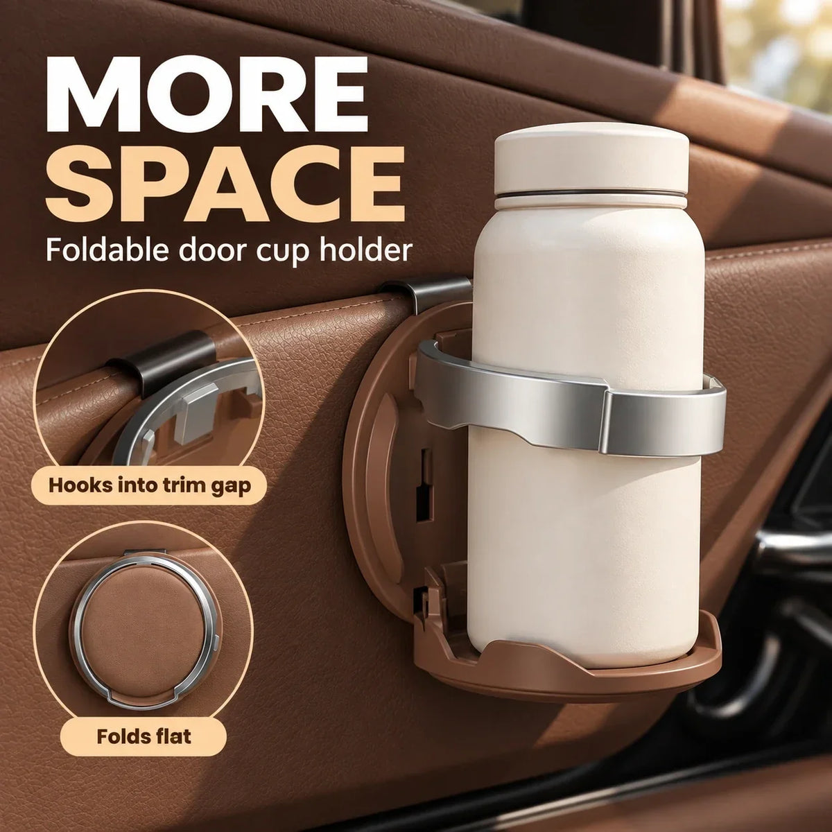 Foldable Car Door Cup Holder & Phone Stand | Hook-In Design