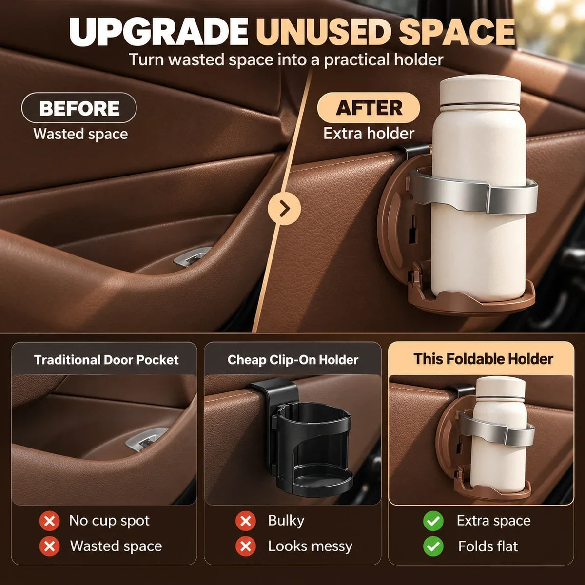 Foldable Car Door Cup Holder & Phone Stand | Hook-In Design