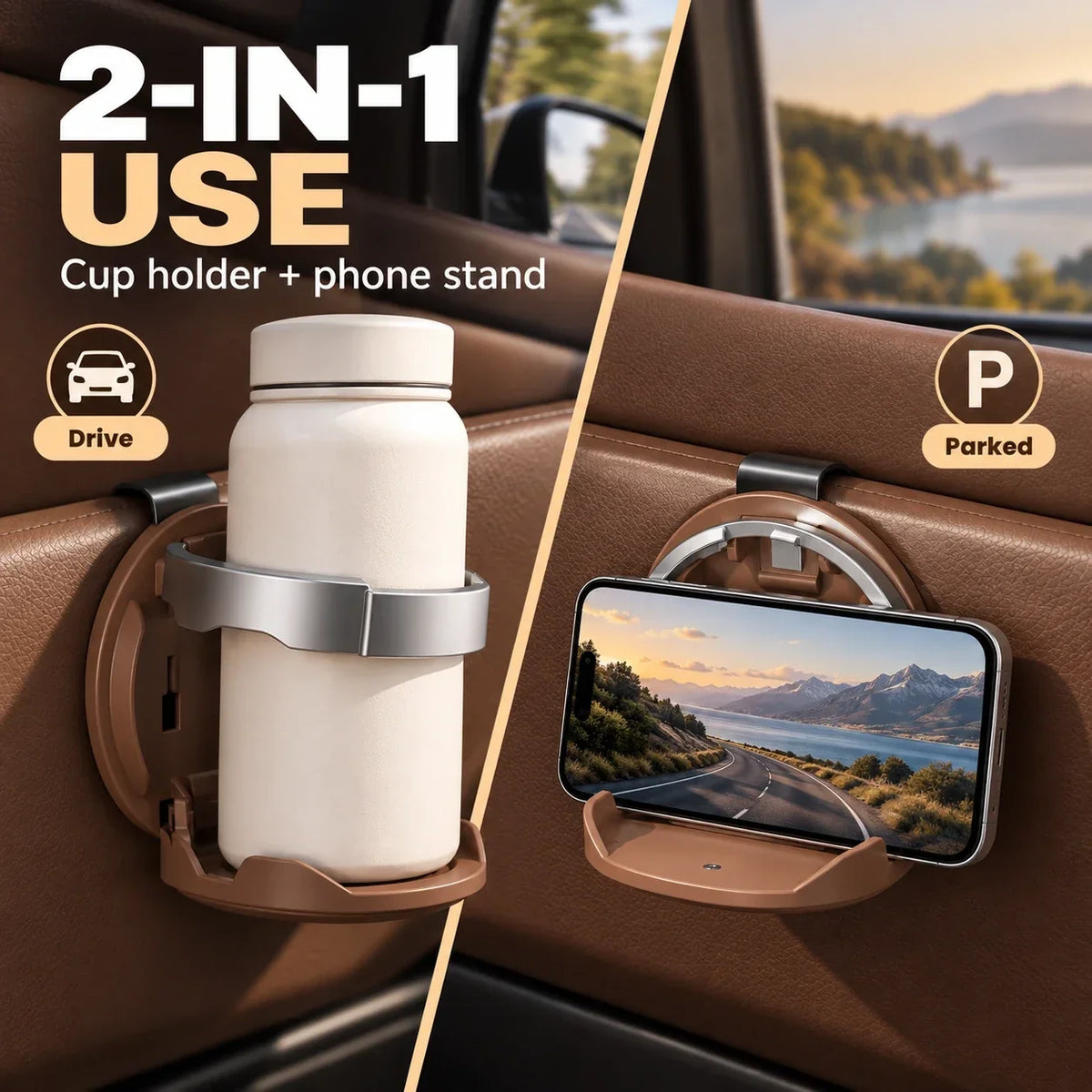 Foldable Car Door Cup Holder & Phone Stand | Hook-In Design