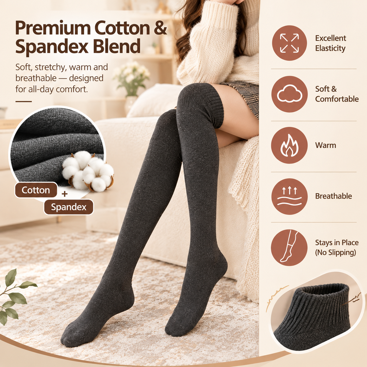 Women's Lady 3-Pairs Plain Over-the-Calf Ribbed Cuff Thermal Socks
