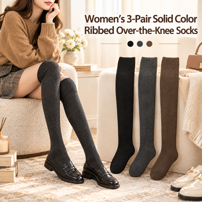 Women's Lady 3-Pairs Plain Over-the-Calf Ribbed Cuff Thermal Socks