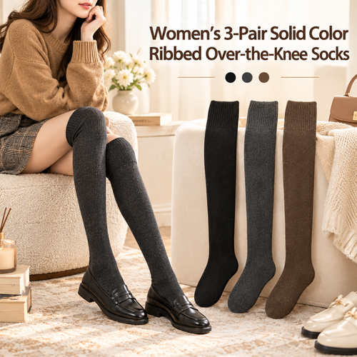 Women's Lady 3-Pairs Plain Over-the-Calf Ribbed Cuff Thermal Socks