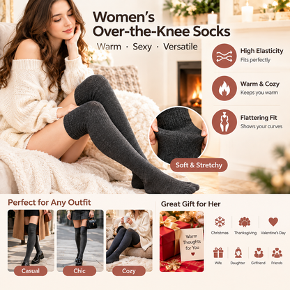 Women's Lady 3-Pairs Plain Over-the-Calf Ribbed Cuff Thermal Socks