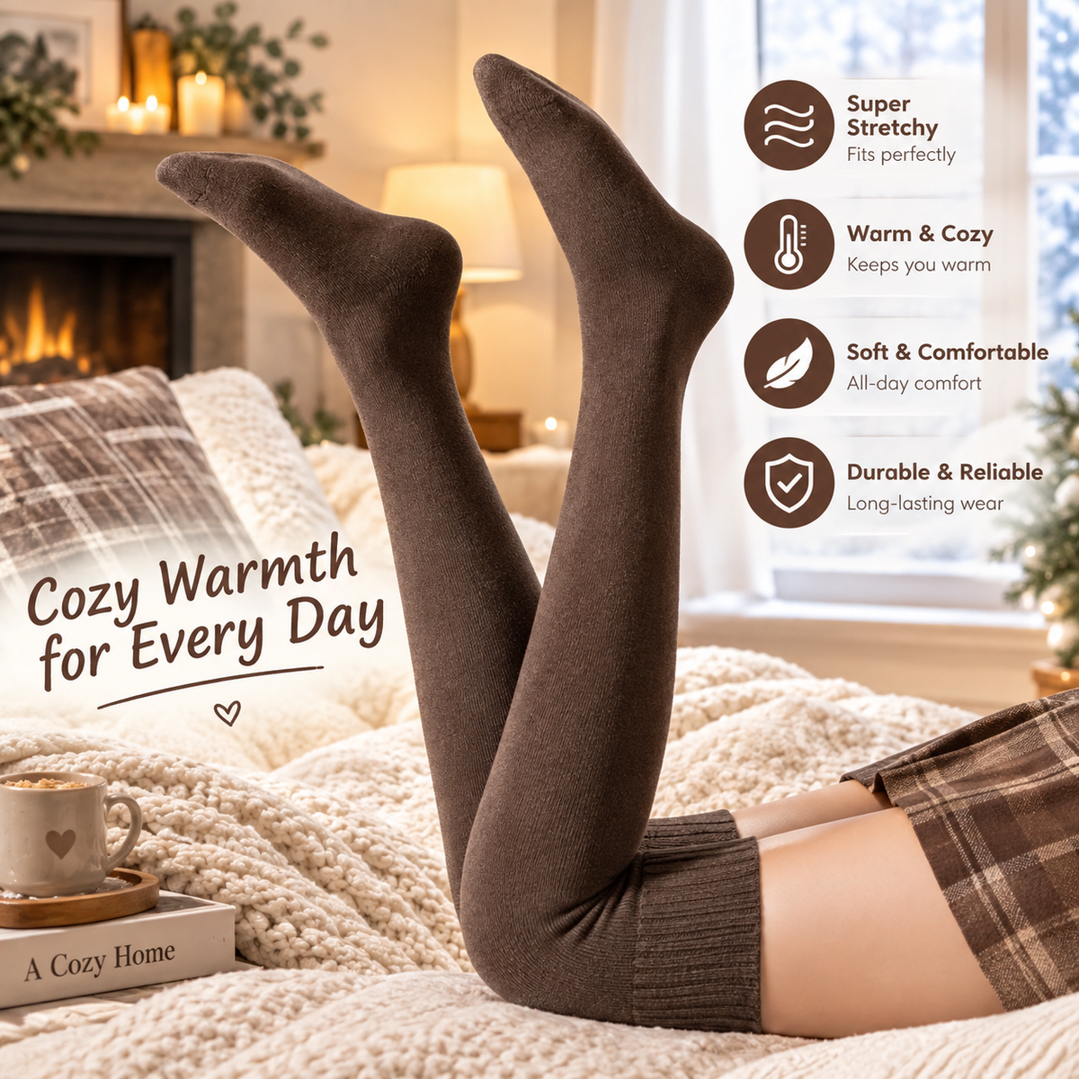 Women's Lady 3-Pairs Plain Over-the-Calf Ribbed Cuff Thermal Socks