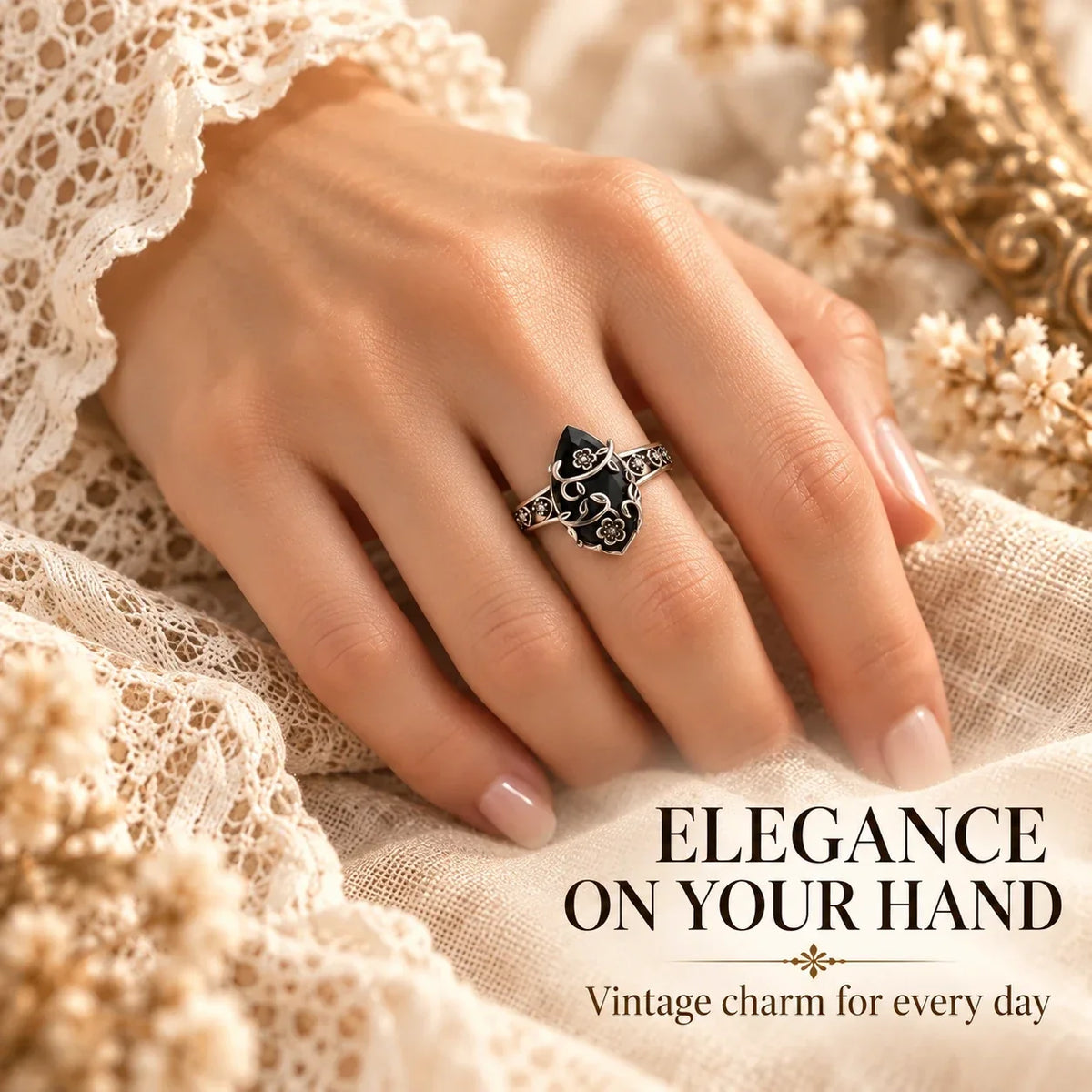 Vintage Floral Black Stone Ring – Statement Jewelry
