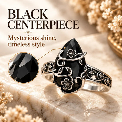 Vintage Floral Black Stone Ring – Statement Jewelry