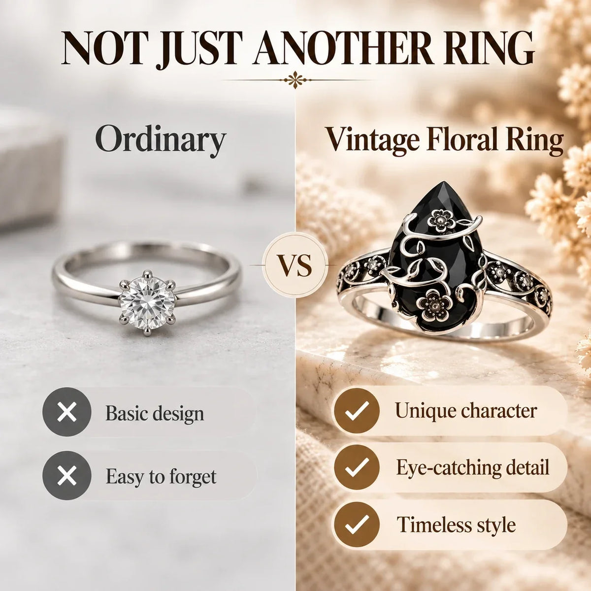 Vintage Floral Black Stone Ring – Statement Jewelry