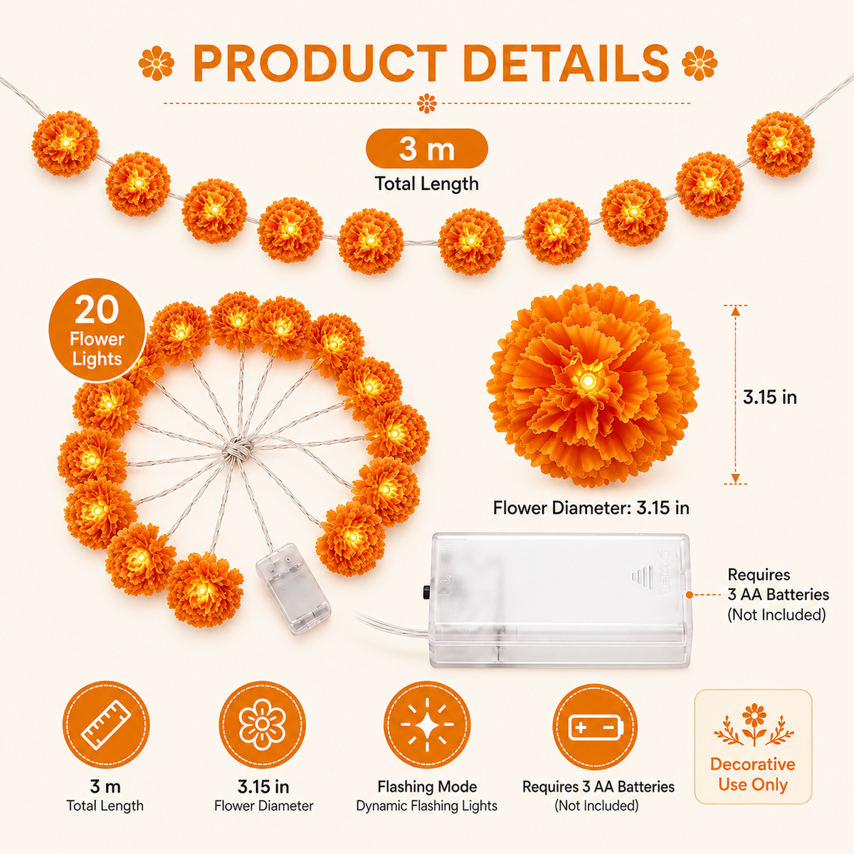 🎁Marigold LED Memorial String Lights – 20 Glowing Flowers for Ofrendas & Remembrance
