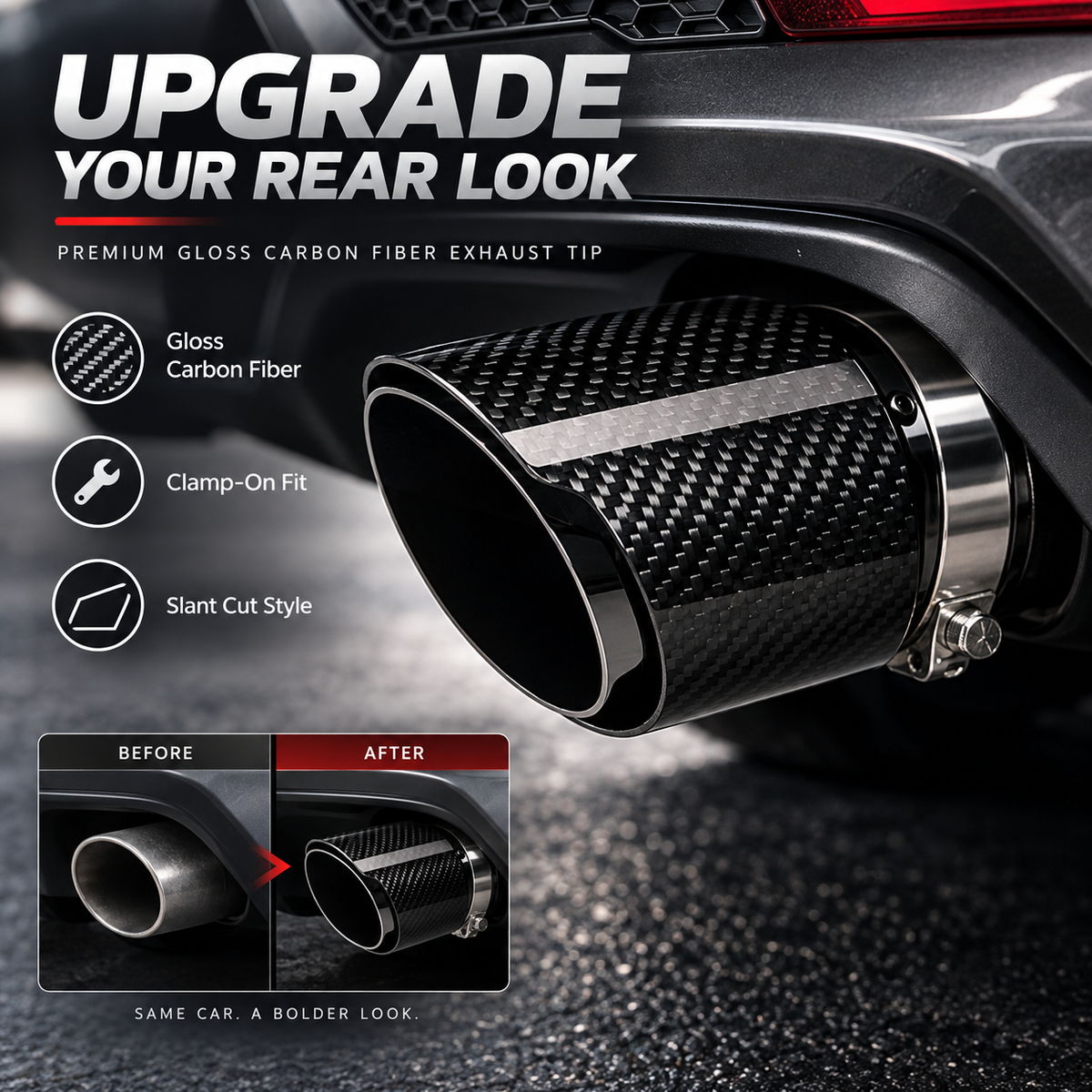 Carbon Fiber Car Exhaust Tip, Gloss Finish Slant Cut Muffler Tip