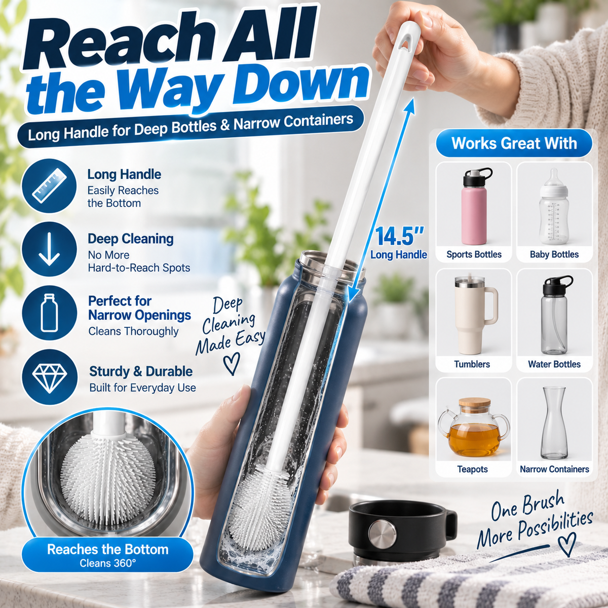 Buy one get one free-360° Silicone Bottle Cleaning Brush with Long Handle