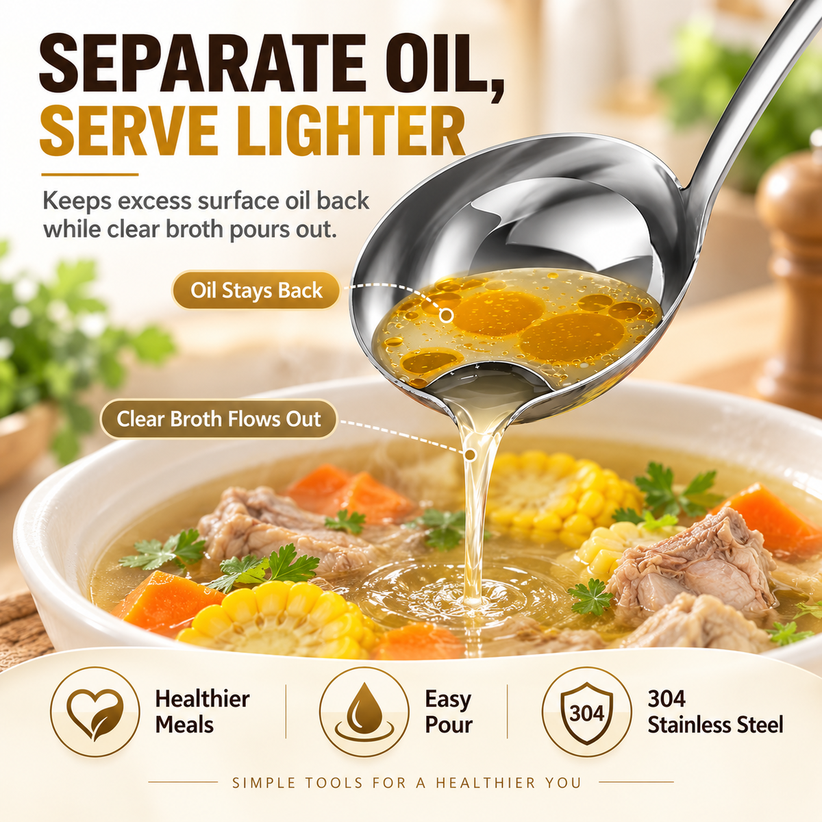 🍲 Food-Grade Stainless Steel Broth Ladle with Built-In Oil Strainer