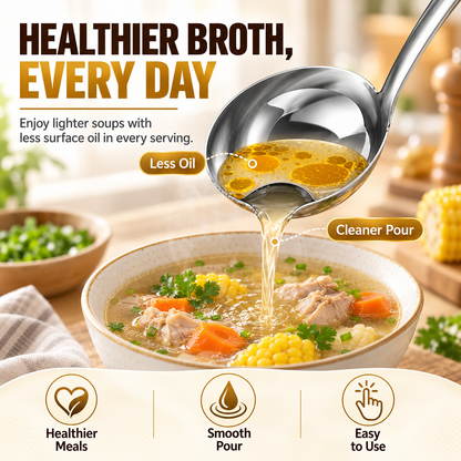 🍲 Food-Grade Stainless Steel Broth Ladle with Built-In Oil Strainer