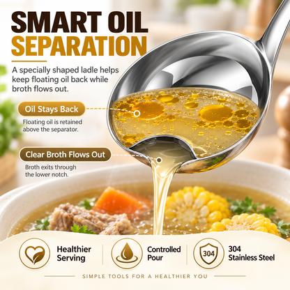 🍲 Food-Grade Stainless Steel Broth Ladle with Built-In Oil Strainer
